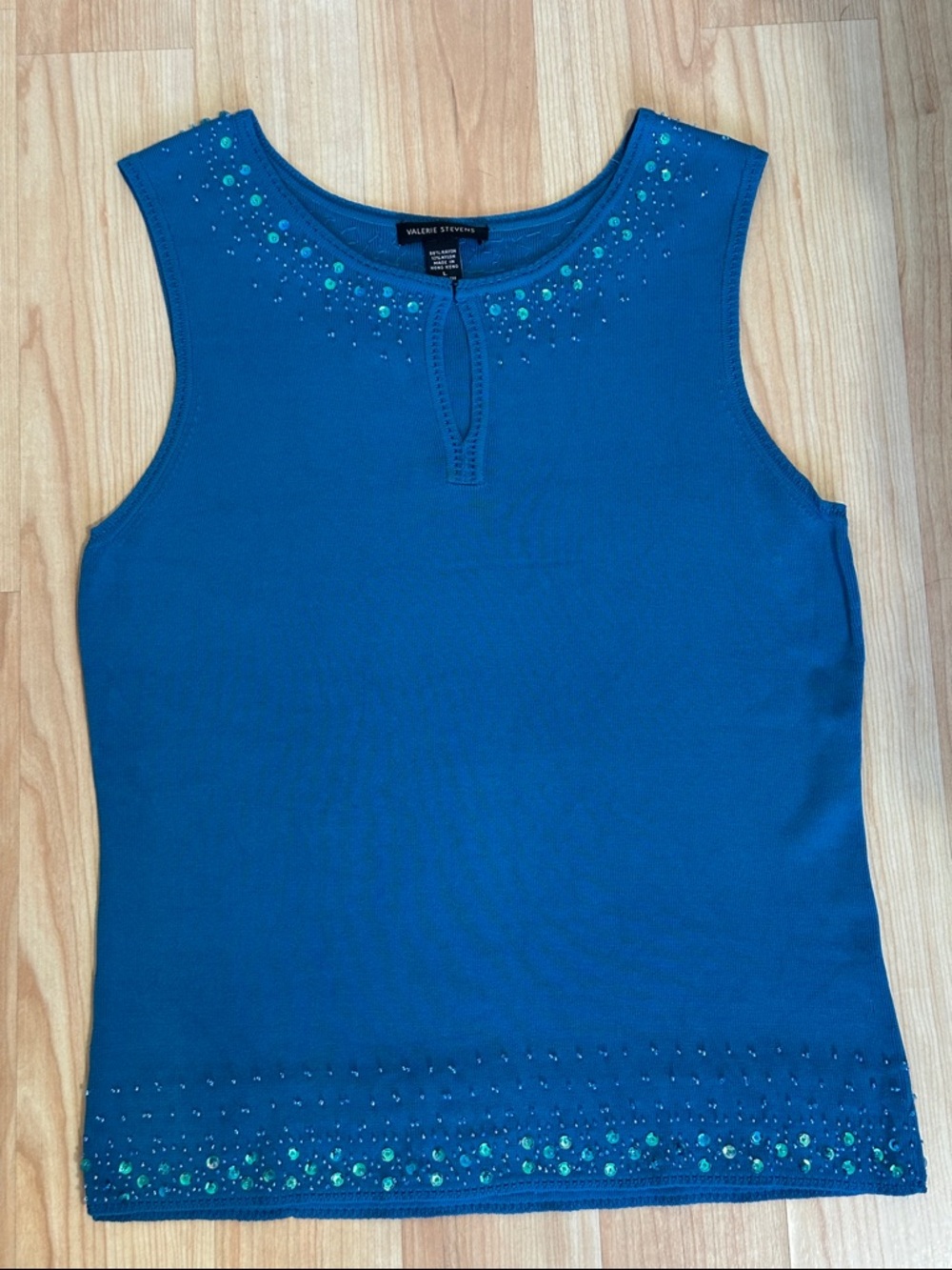Teal / Turquoise Sequined & Beaded Keyhole Neck Knit Tank Top - Size Large